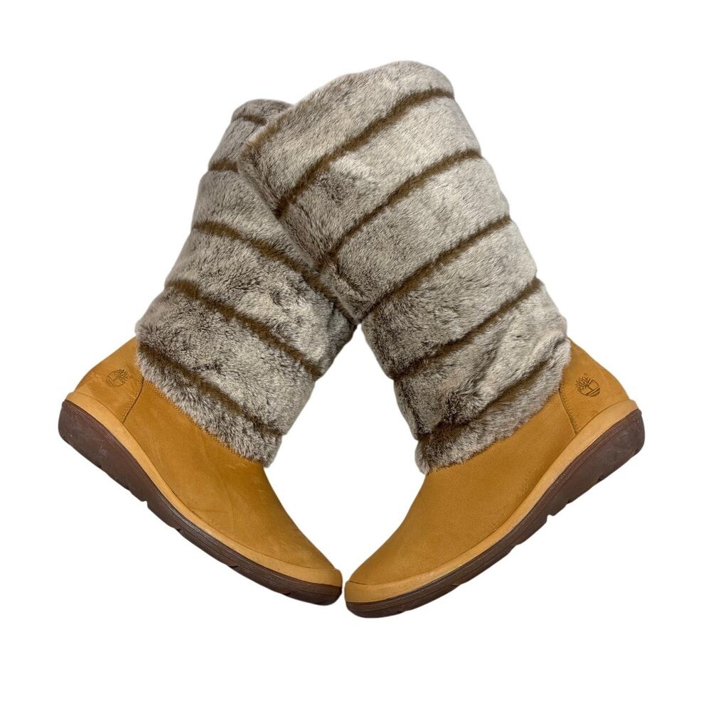 Timberland Kickadila Faux Fur Boots Womens 11M Cognac Leather Winter 92308